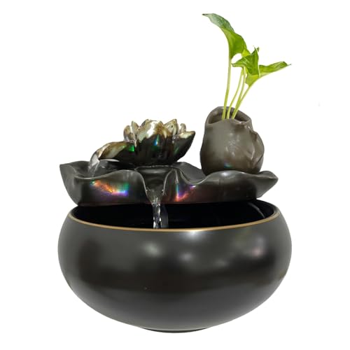 Fontana da Tavolo in Ceramica, Fontane da Interni, Cascata a Forma di Loto con Fessura per il Verde, per Arredamento Casa/Ufficio, Fontana da Tavolo Zen