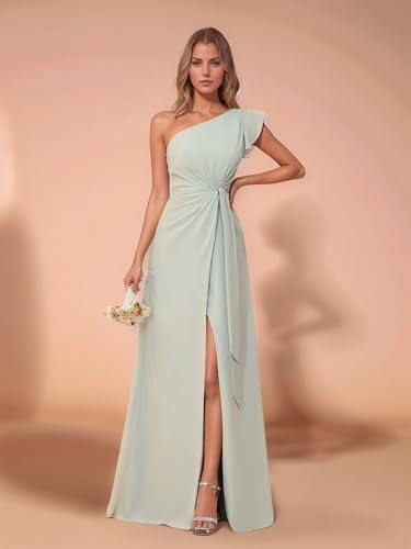 One Shoulder Ruffles Bridesmaid Dresses A-Line Ruched Long Chiffon Formal Evening Gowns with Slit4