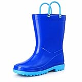 Puddle Play Toddler and Kids PVC Rain Boots with Easy On Handles - Boys and Girls Blue and Light Blue Trim - 4 Toddler