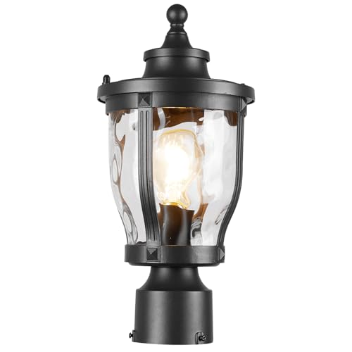 Image of Outdoor Post Lights Lamp Post Light Fixture, 14'' Pole Lantern with E26 Base 60W Max & Waterproof Aluminum Housing Plus Hammered Water Ripple Glass, Fence Post Deck Lighting for Garden, Patio, Pathway