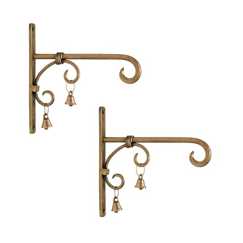 Lamcy Plaza Hand Forged Metal Antique Golden Wall Bracket for Hanging Planter | Wind Chime | Lantern | Bird Feeders | Tea Light Holder | Indoor | Outdoor | Each Size L8 X W1 X H8 Inches | Pack of 2
