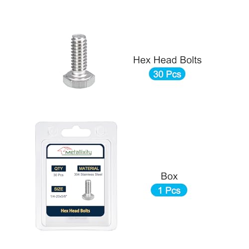 Image of METALLIXITY Hex Head Bolts (1 /4-20 x 5 /8 inch) 30Pcs, 304 Stainless Steel 18-8, Fully Threaded, External Hex Drive, Plain Finish, Hex Head Screw Bolt, Silver