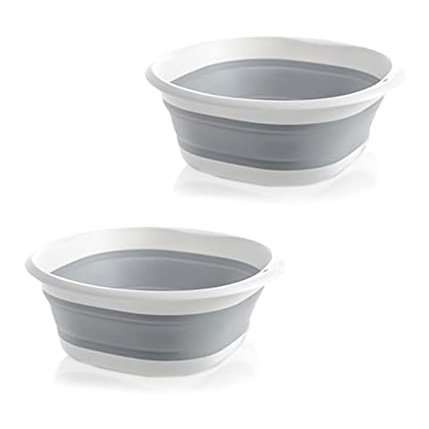 Collapsible Round Washing Up Bowl, 26CM Multipurpose Folding Travel Camping Hiking Caravan Portable Wash Up Bowl Foldable Shopping Bag Home Kitchen Space Saving Storage Container (2PCS Grey) Cover