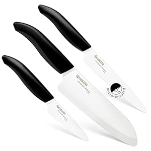 Kyocera Advanced Ceramics – Revolution Series 3-Piece Ceramic Knife Set: Includes 6-inch Chef’s Knife; 5-inch Micro Serrated Knife; and 3-inch Paring Knife; Black Handles with White Blades