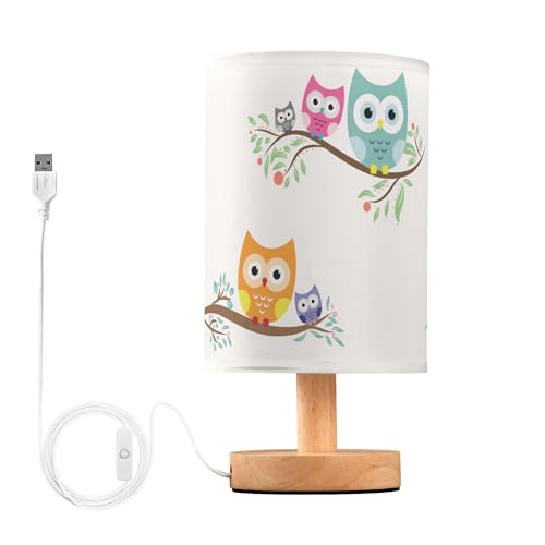 YYZZH Table Lamp Cute Cartoon Owl with Baby Child on Tree Branch Nightstand Lamp with Wood Base Fabric Lamp Shade Bedside Desk Lamp for Living Room Bedroom Kids Room Office