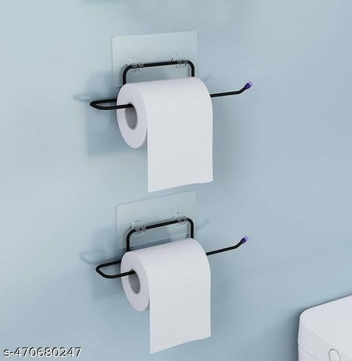 (Buy 1 GET 1) Self Adhesive No Drill Toilet Paper Holder/Tissue Paper Roll Holder/Hanger/Towel Bar Stand for Bathroom Accessories (Black, 2)(2 PIS+ Tissue)/8_KP1023 1