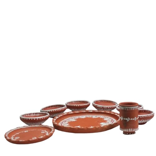 Image of Terracotta Dinner Thali Set - 9 Pc Handmade Clay Earthenware Tableware | Eco-Friendly Traditional Dinnerware | Aiburo Bhaat Rice Feeding Ceremony Special Set