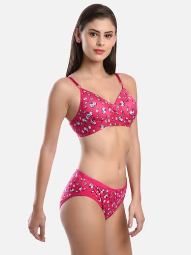 Image of FIMS - Fashion is my style Cotton Flower Print Padded Bra Panty Set for Women, Non Wired, Full Coverage, Tshirt, Back Closure, Push up, Teenage, Regular, Soft Cups