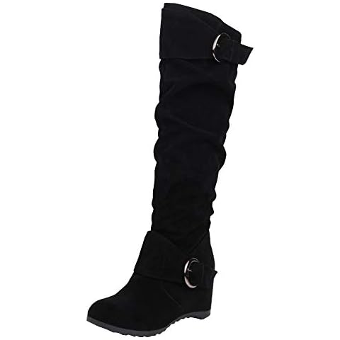 RAZAMAZA Women Slouch Boots Western Long Boots Hidden Heel Winter Boots Suede Knee High Boots Wedge Heel Black Size 39 Asian Cover