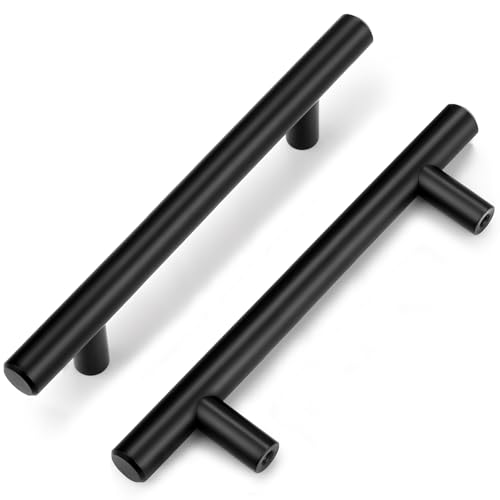Probrico 5 Pack|4 Inch Hole Centers Solid Cabinet Pulls Stainless Steel Round T Bar Cabinet Handles Black Drawer Pulls Kitchen Cabinet Hardware for Cupboard Wardrobe Drawer Closet Nightstand