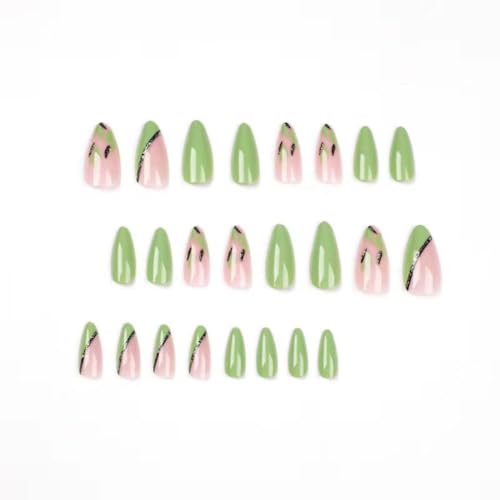Image of Green Press on Nails Medium Almond Fake Nails with Design Green Leaf Glue on Nails Cute False Nail Glossy Nail Tips Full Cover Acrylic Stick on Nail for Women Girls Manicure 24PCS