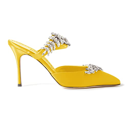 FOWT Women’s Studded Crystals Stiletto High Heel Slippers,Backless Slip On Makeup Party Pumps for Lady,Pointy Toe Satin Evening Dress Party Shoes