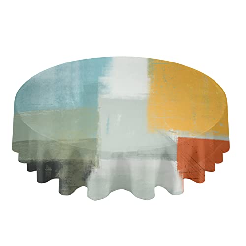 Teal Yellow Round Tablecloth 54 Inch - Waterproof Fabric Table Cloth Protector, Orange Oil Painting Modern Abstract Geometric Tablecloths Washable Table Cover For Kitchen Banquet Coffee Table Party #TOP1