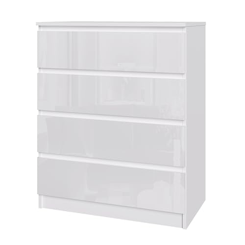 Modern High-Gloss Drawer Panels Chest of Drawers 3/4/5/6 Drawer Wooden Dresser with Metal Runner Bedside Table No Handle Sleek Design Storage Organizer Unit for Living Room Bedroom (White 4 Drawers)