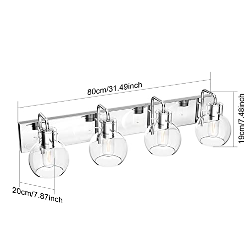 Image of Tipace Chrome Modern Bathroom Vanity Light Fixtures Over Mirror Glass Globe 4 Lights Stainless Steel Vanity Lights Farmhouse Bath Lighting(Exclude Bulb)