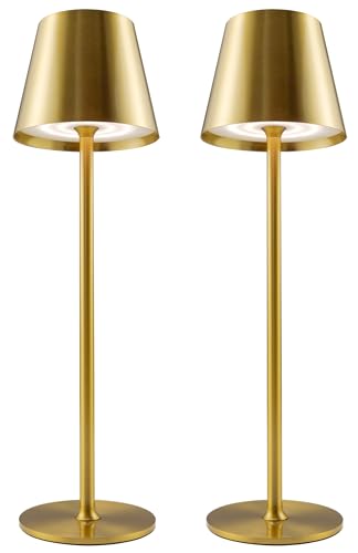 Rechargeable Lamps Full Metal Set of 2, Rechargeable Table Lamps UK with 3 Color Modes, 5200mAh Battery Operated Lamp, Touch Control Wireless Lamp Indoor and Outdoor IP54 Waterproof (Gold)