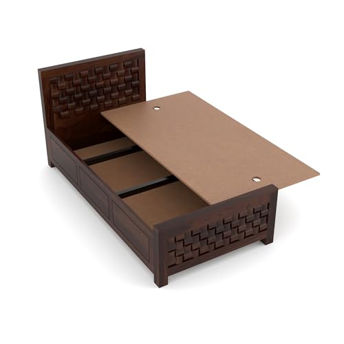 Image of Sheesham Wood Single Size Bed with Storage Box | Wooden Cot for Bedroom | Premium Niwar Design Headboard Bed for Living Room | Walnut Finish