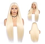 Platinum Blonde Lace Front Wig HD Transparent Lace T Part Heat Resistant Fiber 30inches Long...