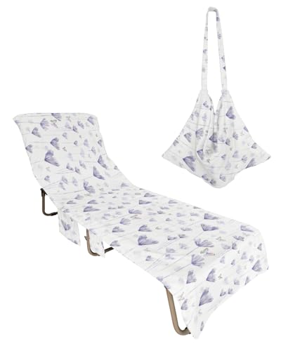 Purple Flower Beach Lounge Chair Towel Cover, Soft Chaise Lounge Towel with Side Pockets Patio Pool Chairs Cover for Beach/Pool Sunbathing 29x85 Watercolor Spring Floral Summer Botanical