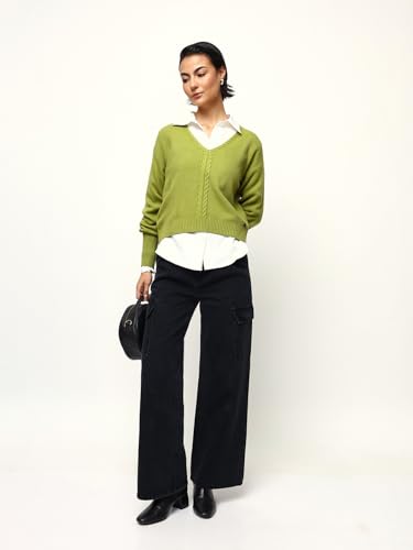 Image of High Star Women Knitted Acrylic Relaxed Fit V Neck Long Sleeve Sweaters
