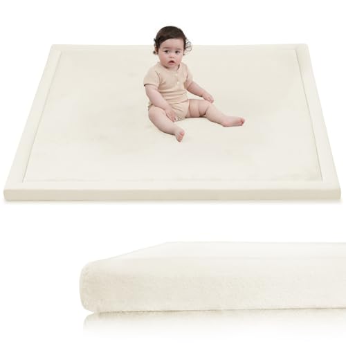 Image of Baby Play Mat for Floor,1.3 inch Thick Elasti-Foam 50x50 Playpen Mat for Toddlers Infant Kids,Water-Repellent Soft Coral Velvet for Tummy Time,Non-Slip Backing for Crawling,Tatami Style(Cream)