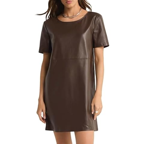 SCOFEEL Women's Faux Leather Mini Dress Short Sleeve Leather Tunic Dress A-Line Leather Shift Dress Coffee Cover