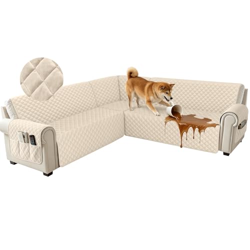 ROFASVCO U Shaped Sectional Couch Covers for L Shaped Corner Sofa Waterproof 6 Piece Washable Sectional Sofa Cover Non Slip Velvet Couch Slipcover Protector for Dogs Pets (Large, Beige)