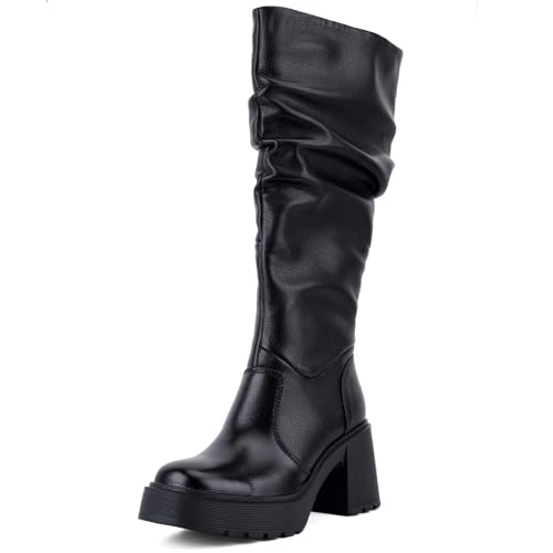 UBWDU Women's Platform Campus Knee High Boots Side Zipper Chunky