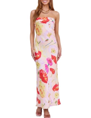 Image of Realtix Summer Satin Strapless Backless Maxi Dress for Women Wedding Guest
