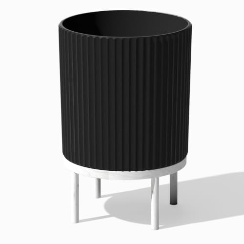 Image of Veradek Demi Series Raised Planter - Round Planter with Stand | Made From a Durable Plastic-Stone Composite & Comes With Wooden Stand. Modern Porch /Patio Decor