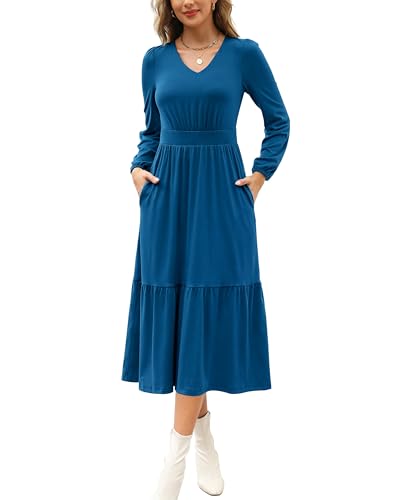 Image of Kranda Women 2025 Fall Puff Long Sleeve V Neck Causal Flowy Pleated Ruffle Tiered Midi Dress with Pockets