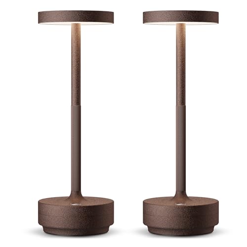 HYMZP Lámpara de Mesa LED Recargable, 3 Colores de Luz con Regulación Continua, IP54 Impermeable, Batería 5000mAh, Diseño Metálico Moderno, con Función de Memoria para Interior y Exterior (2x Corten)