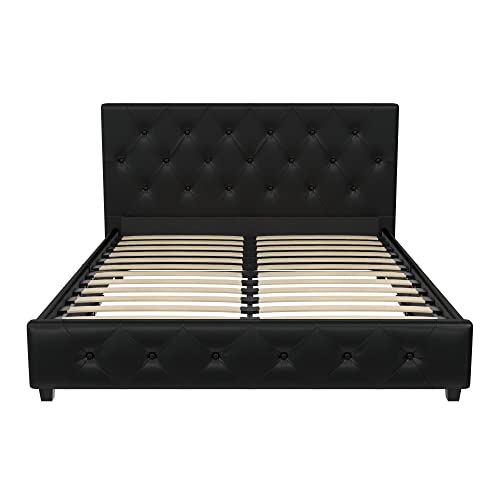 DHP Dakota Upholstered Platform Bed with Diamond Button Tufted Headboard and Footboard, No Box Spring Needed, Queen, Black Faux Leather