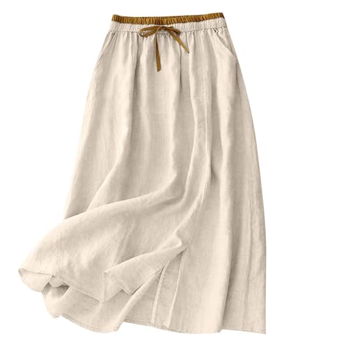 GMQWRK Falda midi de algodón y lino para mujer, moda UK, estilo informal, con lazo elástico en la cintura, abertura en el dobladillo y bolsillos, falda dividida de verano, falda midi, falda de mujer
