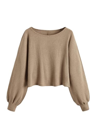 SweatyRocks Girl's Long Sleeve Ribbed T Shirt Round Neck Loose Pullover Tops Khaki 8Y