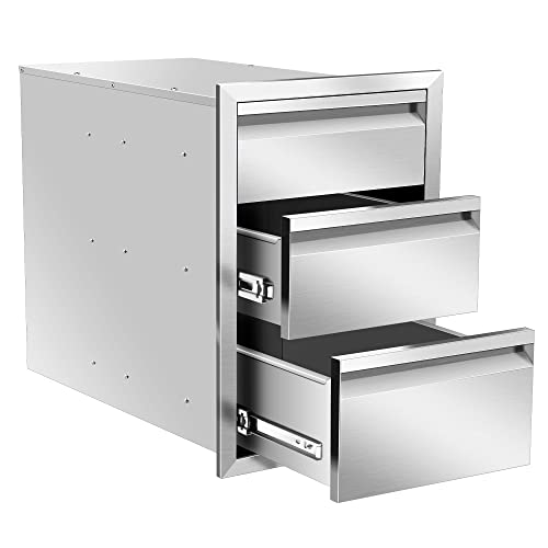 Image of Outdoor Kitchen Drawers 16 inch W x 21 inch H x 23 inch D Inch Stainless Steel Flush Mount BBQ Triple Drawers for Outdoor Kitchen Island, or Patio Grill Station