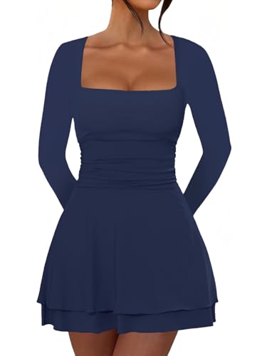 OKIFOIR Women's Square Neck Mini Dress Long Sleeve Ruffle Hem Ruched Waist Short Corset Party Dresses (Navy,Small)