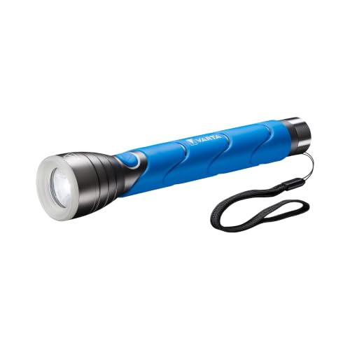 VARTA Taschenlampe LED inkl. 3x C Batterien, Outdoor Sports F30 Leuchte, Lampe mit zwei Leuchtmodi, Taschenleuchte mit gummiertem Griff, sehr robust, blau