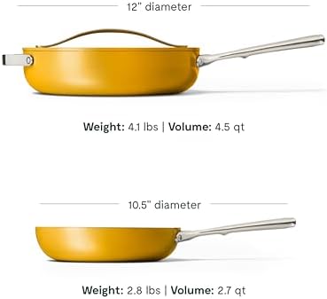 Caraway Fry Pan and Sauté Pan Duo - 10.5” Ceramic Frying Pan and 11.8” Deep Sauté Pan with Lid - Non Stick, Non Toxic, Oven Safe - Marigold - Thumbnail 4