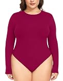 FOREYOND Plus Size Bodysuit Long Sleeve Crew Neck Tops for Women Lightweight Basic Sexy Body Suits Tops Pink Raspberry 2XL