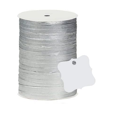 Paper Metallic Silver Gift Wrap Packaging Raffia Ribbon with Contoured Novelty Gift Tags Cover