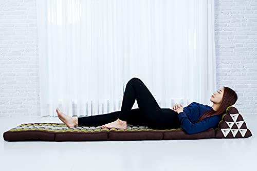 Image of Leewadee 4-Fold Mat with Triangle Cushion - Firm TV Pillow, Foldable Mattress with Cushion Made of Eco-Friendly Kapok, 89 x 20 inches, Brown Green