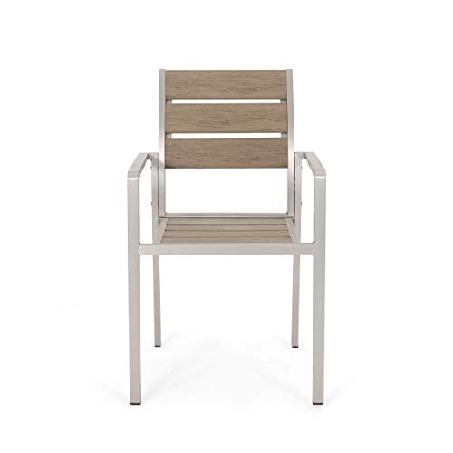 Belle Outdoor Modern Aluminum Dining Chair With Faux Wood Seat (Set Of 2), Natural And Silver #TOP3