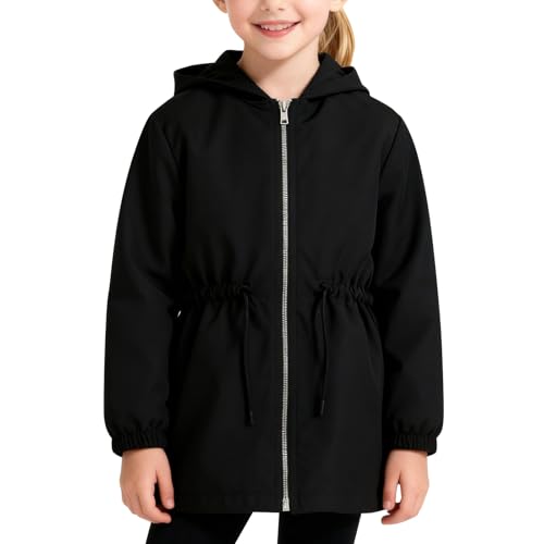 Image of Girls Waterproof Rain Jacket Spring Summer Zip Up Raincoat with Tunic Drawstring Kids Lightweight Windproof Hooded Windbreaker Trendy Plain Breathable Outdoor Rain Coat (Black, 12-13 Years)