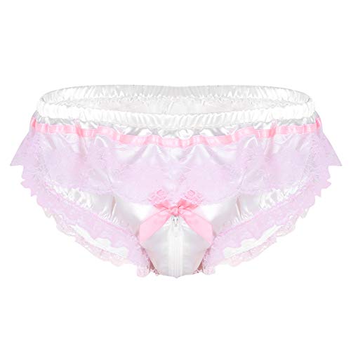 iEFiEL Mens Sissy Frilly Silky Satin Panties Ruffle High Cut Knickers Bloomers Briefs Underwear Lingerie White Medium