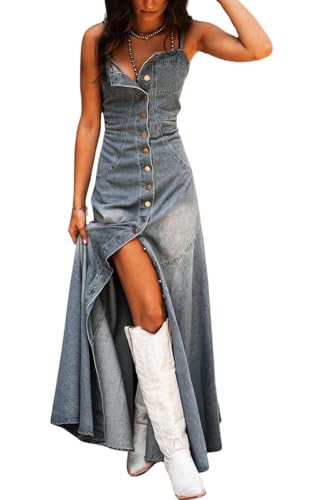 la ligne denim dress loveimgs Womens Summer Adjustable Strap Button Down Long Sleeveless A Line Swing Flowy Jean Maxi Dress (Small,Blue) at Amazon Women's Clothing store Button Down SILENTIUM MINI DRESS IN SIZE:54 line silhouette and comes