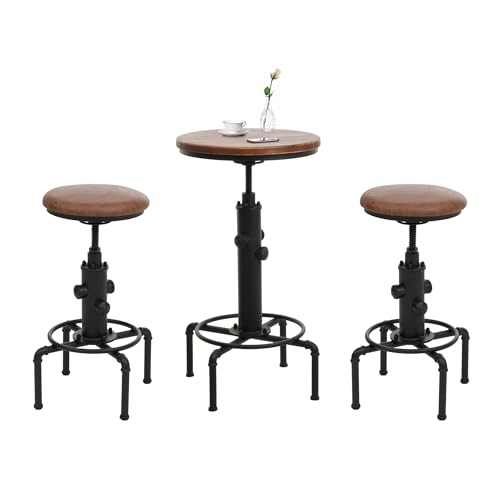 Mendler Juego de mesa de bar + 2 taburetes de bar HWC-N23, mesa alta de altura regulable, giratorio, hierro industrial, madera, piel sintética, color marrón