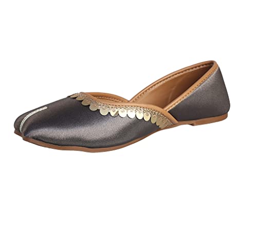 Image of Pluxh Women's Ethnic Jutti Shoes | Shiny Finish Mojari with Sequin Border | Soft Cushioned Slip-On Flats for Casual