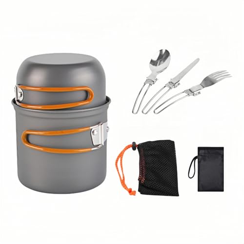 OULOVECO キャンプ用調理器具セッシンプル版 食品グレードの硬質アルマイト処理アルミニウム 耐熱 直火対応 アルミボウル 調理鍋 ステンレス食器 折畳み式 軽量 収納袋付き 持ち運びに便利 ドア旅行 登山に最適 1-2人用 クッカーセット(オレンシ)