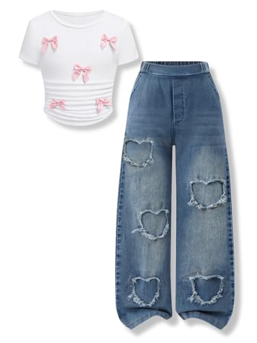 Image of Size 7-14 Years Girls 2 Piece Outfits Bow Short-Sleeved Top and Jeans Pants Clothing Set